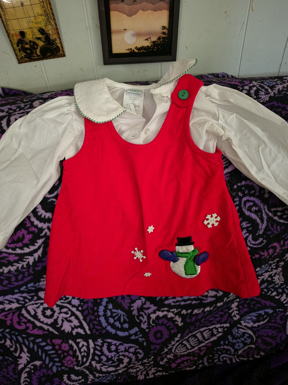 Girls Festive Red Snowman Pinafore with White Blouse